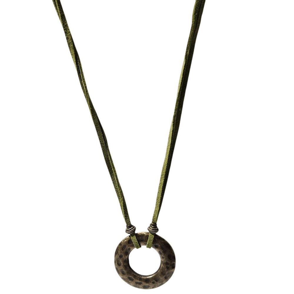 Handmade Boho Hammered Brass Ring Pendant Necklace Green Suede Cord Jewelry